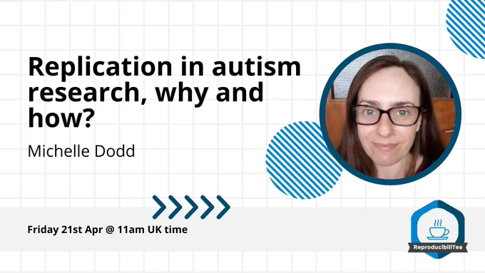 Talk on "Replication in autism research, why and how?" with Michelle Dodd, on Friday 21st April at 11am UK time. Hosted by Edinburgh ReproducibiliTea.