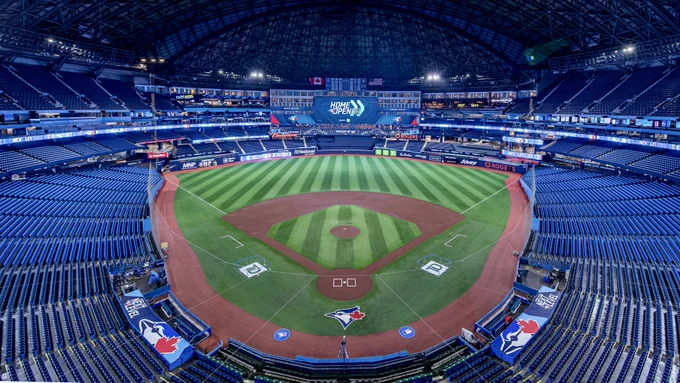 A pano shot of Rogers Centre taken from the top before the 2023 Home Opener.