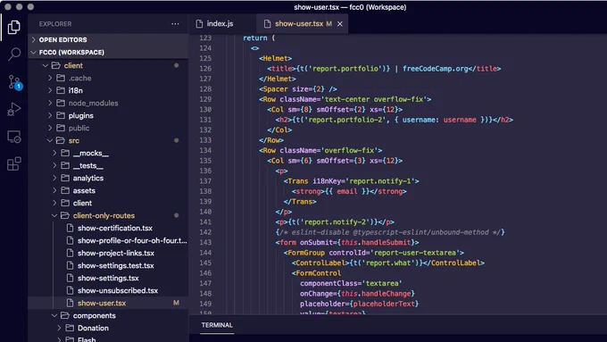 visual studio code dark mode example