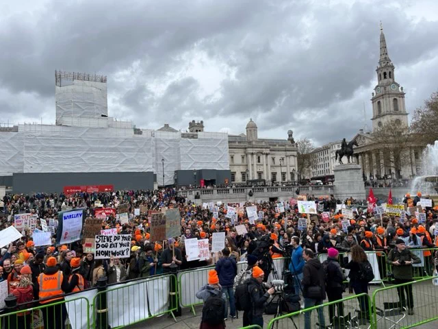 Junior doctors strike supporters crowd in Trafalgar Square, London on Tuesday 11 April 