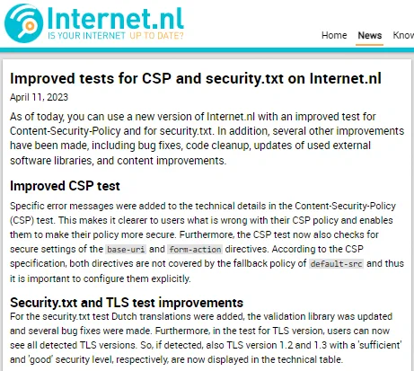 Screenshot news item Internet.nl