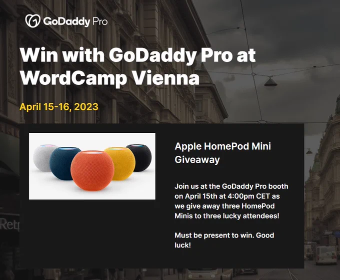 GoDaddy contest announcement at WordCamp Vienna conference - Win HomePod Mini giveaway!