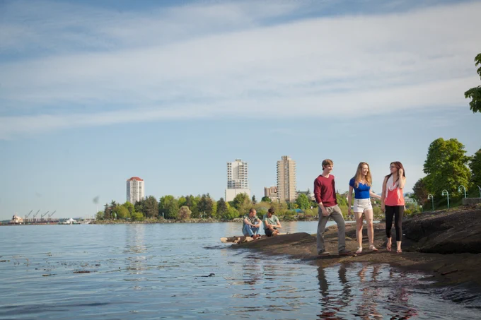 Two different groups of students enjoy the waterfront in downtown Nanaimo