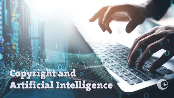 A set of hands at a laptop with swirling binary code and the text " Copyright and Artificial Intelligence"

