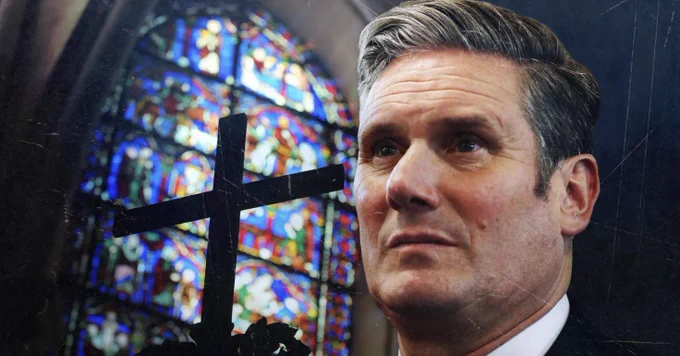Keir Starmer's face edited in front of a stained-glass church window and a cross. 