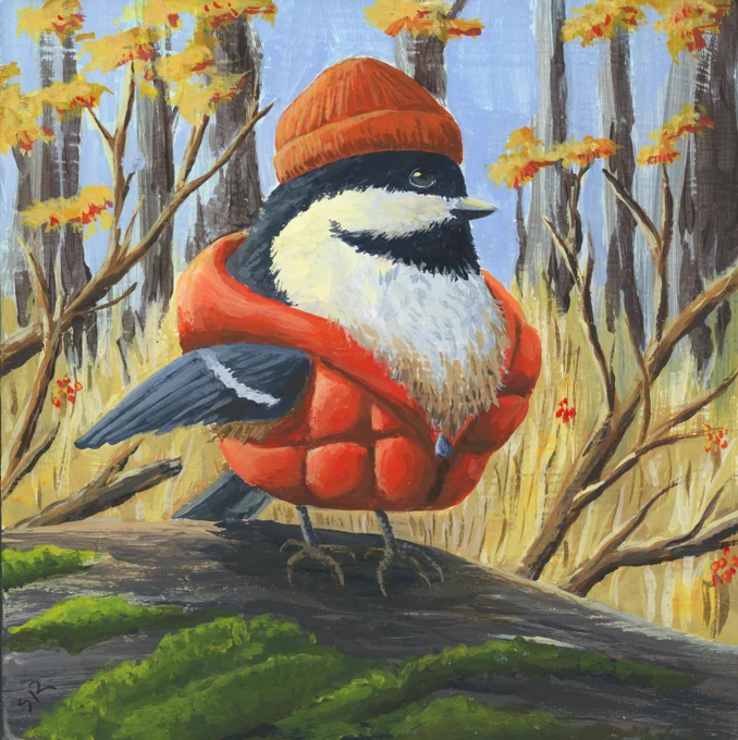 Painting of a black-capped chickadee, wearing an orange puffy jacket and knit hat.