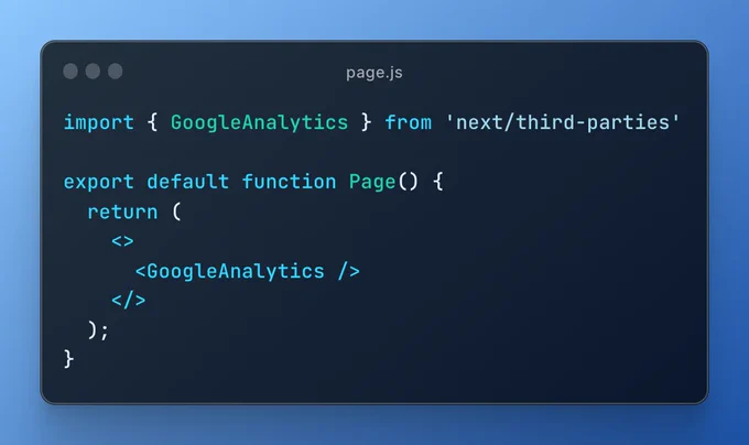 Code snippet that shows a GoogleAnalytics component being fetched from a next/third-parties library