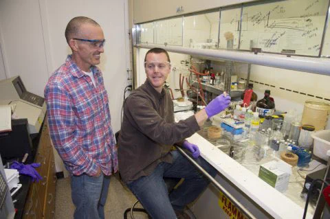 WWU’s Greg O’Neil and Woods Hole’s Chris Reddy analyze a sample at Reddy’s lab in Woods Hole, Massachusetts