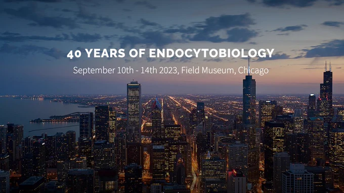 Conference poster with photograph of skyline of Chicago (USA), plus text reading "40 YEARS OF ENDOCYTOBIOLOGY, September 10th - 14th 2023, Field Museum, Chicago".