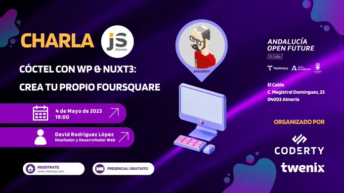 ¡Ya tenemos fecha para la siguiente charla!

🗓 El jueves 4 de Mayo a las 19.00.

David Rodriguez López @baldboy, nos va a hablar de:

📢 "Coctel con WP&Nuxt3; crea tu propio Foursquare".
