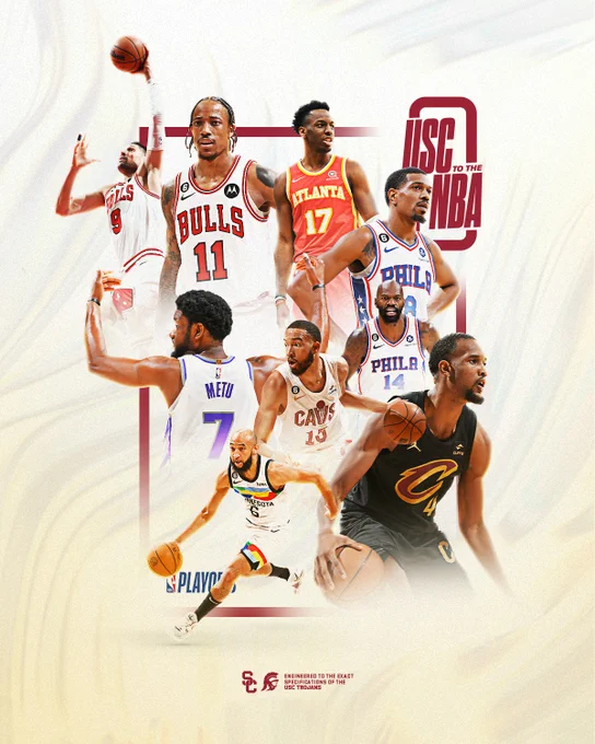 USCtotheNBA Playoffs:
Chimezie Metu - Kings
De'Anthony Melton - 76ers
Dewayne Dedmon - 76ers
Evan Mobley - Cavs
Isaiah Mobley - Cavs
DeMar DeRozan - Bulls (play-in)
Nikola Vucevic - Bulls (play-in)
Onyeka Okongwu - Hawks (play-in)
Jordan McLaughlin - Timberwolves (play-in)
