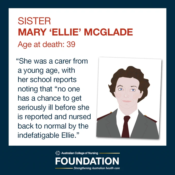 A drawing of Sister Ellie McGlade with the quote “She was a carer from a young age, with her school reports noting that “no one has a chance to get seriously ill before she is reported and nursed back to normal by the indefatigable Ellie.” 
