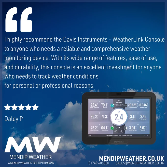 ⭐️⭐️⭐️⭐️⭐️ 

Thank you Daley for your review. 

👉 You can buy yours now - https://mendipweather.co.uk/weather-stations/professional-stations/davis-weather-stations/weatherlink-console/