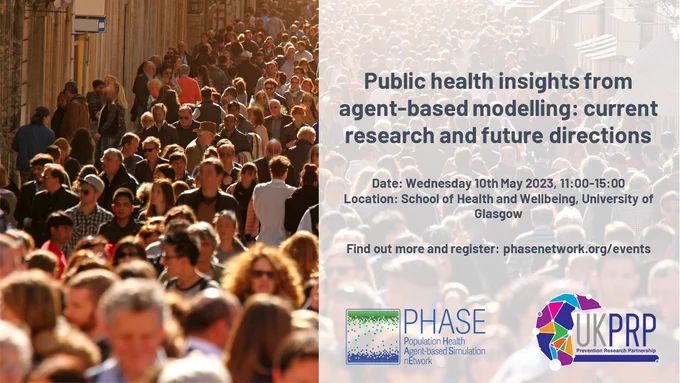 Meeting description: Public health insights from agent-based modelling: current research and future directions.

Date: Wednesday 10 May 2023, 11:00-15:00
Location: School of Health and Wellbeing, University of Glasgow

Find out more and register: phasenetwork.org/events