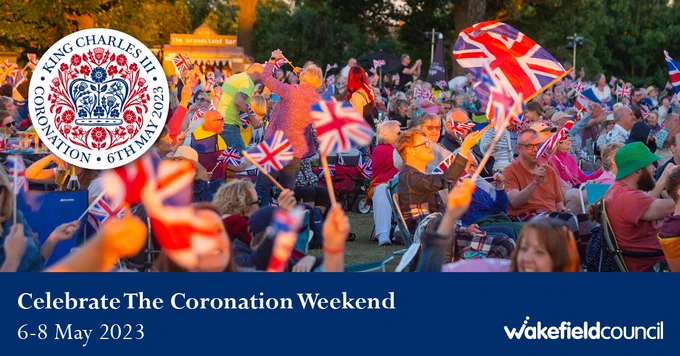 Celebrate the Coronation Weekend, 6 to 8 May 2023. Includes a photo of people enjoying an outdoor event in the summer, waving Union Jack flags