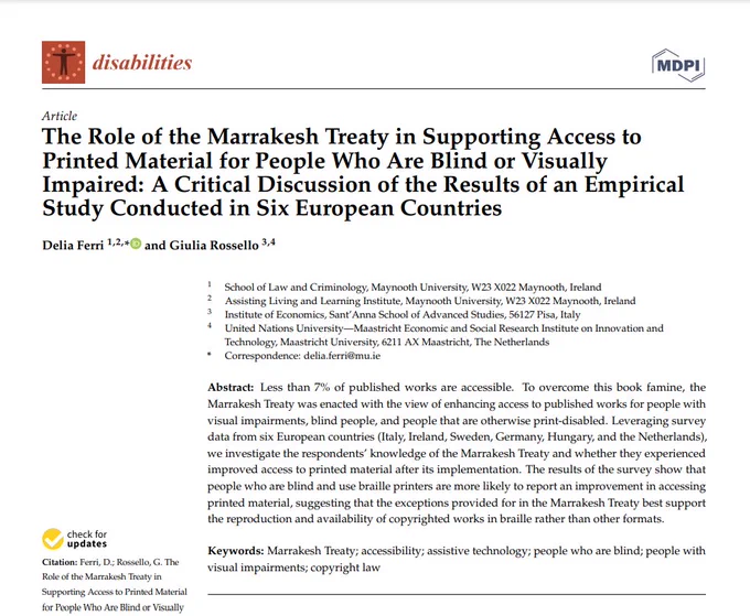 New article published in Disabilities: The Role of the Marrakesh Treaty in Supporting Access to Printed Material for People Who Are Blind or Visually Impaired: A Critical Discussion of the Results of an Empirical Study Conducted in Six European Countries.