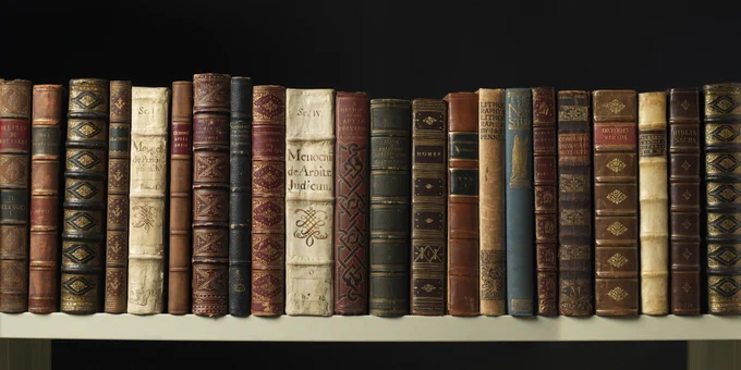 a row of books in different types of bindings on a shelf with the spines facing us with a black background