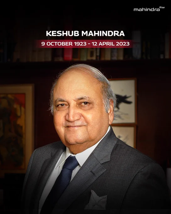 A photo of Keshub Mahindra in a gray suit smiling. With his birth and death dates mentioned.