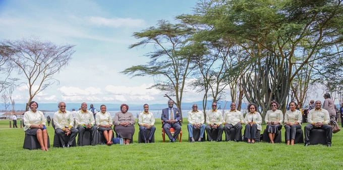 H.E. Dr. Musalia Mudavadi, EGH take a group photo with SCAC Committee Members and Staff during the Induction workshop for Board members of State Corporations at @Lake Naivasha Resort on 12th April, 2023.