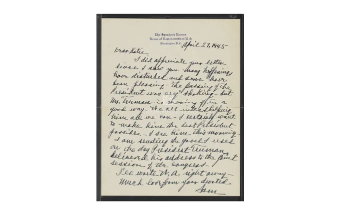 Handwritten letter from Sam Rayburn to his sister on Rayburn's Senate letterhead