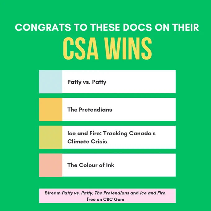 Congrats to these docs on their CSA wins:
-Patty vs. Patty
-The Pretendians
-Ice and Fire: Tracking Canada's Climate Crisis
-The Colour of Ink

Stream Patty vs. Patty, The Pretendians and Ice and Fire free on CBC Gem