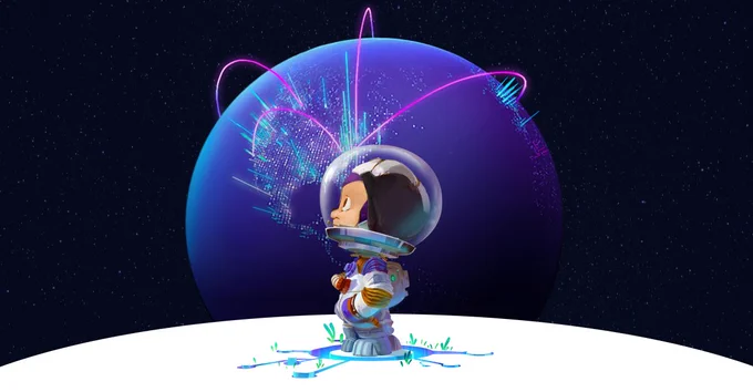 Image of Mona in an astronaut suit in space. 