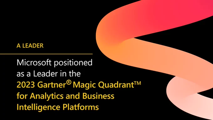 Text reads "Microsoft positioned as a Leader in the 2023 Gartner Magic Quadrant for Analytics and Business Intelligence Platforms."
