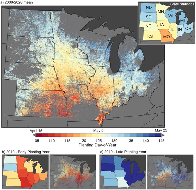 Map of mean maize planting dates for 2000-2020 across 12 states in the US Corn Belt at 30m resolution compared with available state statistics (inset). Bottom row shows annual planting dates for an early planting year (2010) and a late planting year (2019).