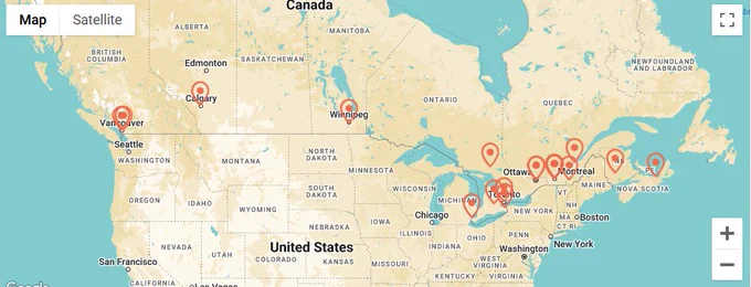 A map of Canada with pins in British Columbia, Alberta, Manitoba, Ontario, Quebec, New Brunswick, and Nova Scotia that all represent a national walkout for Support Our Science