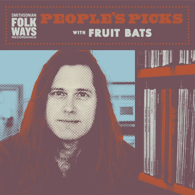 Purple, rust, and blue playlist graphic with photo collage of records and Eric D. Johnson.

Text: Smithsonian Folkways Recordings - People's Picks with Fruit Bats