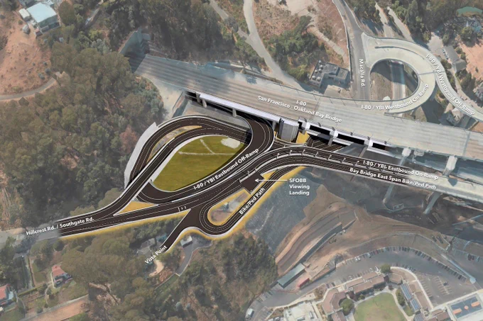 Illustration of the Southgate Road freeway interchange and bike path project at Yerba Buena Island and the Bay Bridge