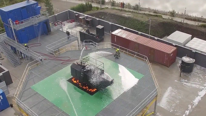 Firefighters training to extinguish a helideck fire
