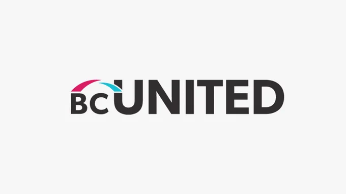New BC United Logo. Small "BC" font and larger "UNITED" font. Small "bridge" icon with two parts, violet and cyan, over top of the "BC".