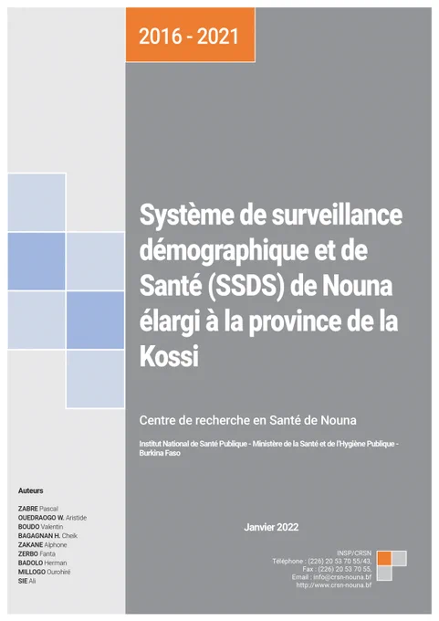 Le CRSN, structure métier de l’INSP dispose d’un Système de surveillance démographique et de santé (SSDS) fonctionnel depuis 1992 à ce jour. Cet observatoire démographique couvre 59 localités (58 villages plus la ville de Nouna). Cette aire de recherche a été étendue en 2018 à la superficie du district sanitaire de Nouna à travers la mise en œuvre du projet de recherche « Macrolides oraux pour la réduction des décès avec un œil sur les résistances » (MORDOR II).

Le SSDS qui a pour particularité d’être un observatoire de collecte continue de données sur des phénomènes démographiques, socioéconomiques et sanitaires sur une population dans une zone bien délimitée, produit régulièrement un rapport SSDS