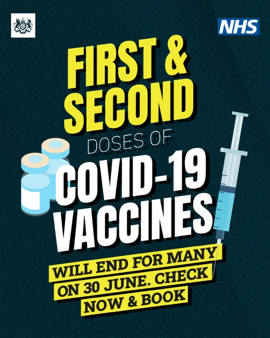 A graphic of a syringe and two vaccine bottles.

First and second doses of Covid-19 vaccines will end for many on 30 June. 

Check now and book.