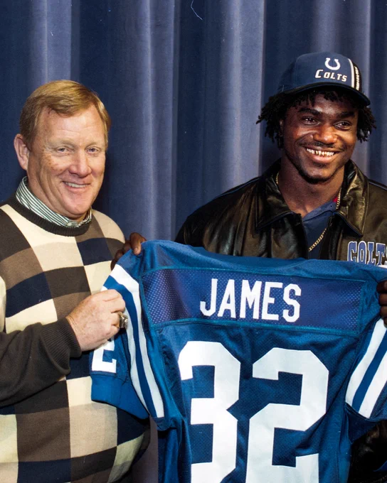 Former GM Bill Polian (left) and Edgerrin James (right) pictured after he was drafted  4th overall by the Indianapolis Colts in the 1999 NFL Draft. 