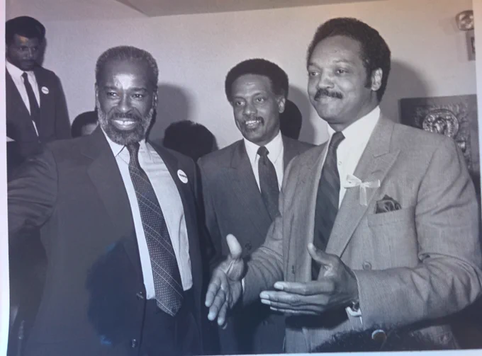Brooklyn’s representative to the New York State Assembly Al Vann (left) and Carlos Russell (middle) with Jesse Jackson (right) during his first presidential campaign in 1984