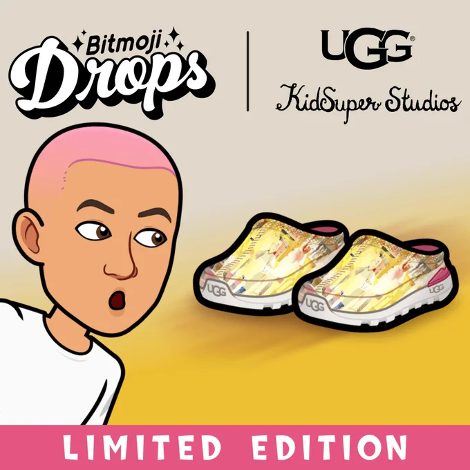 A Bitmoji avatar looking at the UGG KidSuper Tasman Sport shoes, Bitmoji Drops LIMITED EDITION