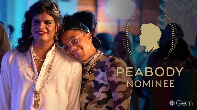 Sabi and 7ven together in a bar. They're both smiling warmly, as 7ven rests their head on Sabi's shoulder. On the image, the Peabody Award nominee laurel.
