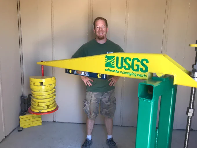  Justin poses with the newest fully functional extensometer in California.
