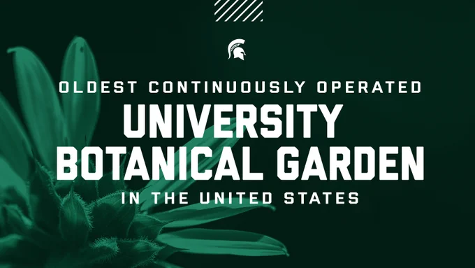 A photo of flowers with a green overlay and white text that says oldest continously operated university botanical garden in the United States