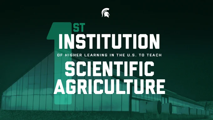 A photo of greenhouses with a green overlay and white text that says 1st institution of higher learning in the U.S. to teach scientific agriculture 