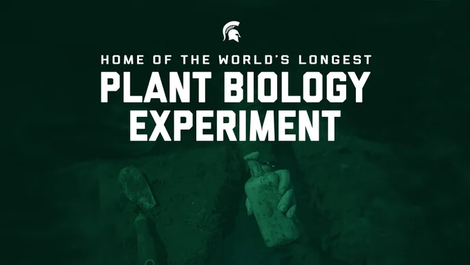 A photo of a hand holding a glass bottle with a green overlay over the photo and white text that says Home of the world's longest plant biology experiment
