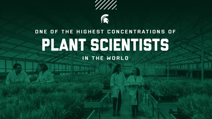 A photo of greenhouses with a green overlay and white text that says one of the highest concentrations of plant scientists in the world

