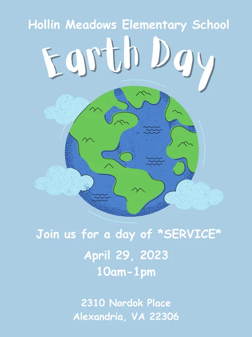 Hollin Meadows Earth Day. Join us for a day of service. April 29, 2023 from 10:00 a.m. - 1:00 p.m. 2310 Nordok Place Alexandria VA. Image: Cartoon of Earth