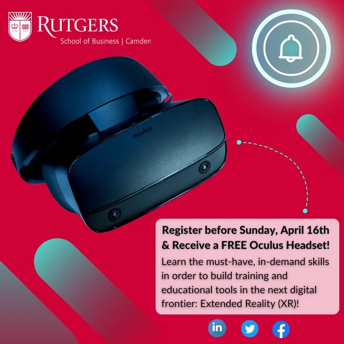 Ready to take your #HRProfession to the next level while working with new technology? 🚀🤝

Our new #XRCertification course with Edstutia will give you the experience and tactics to leverage XR for learning and training. Grab a FREE Oculus VR Headset by registering before April 16th! Learn more here - https://bit.ly/40mFiwF🌐🎉
-
#ExtendedReality #learningwithtechnology #edstutia #freeoculusheadset #continuingeducation #RutgersCamdenAlumni #rutgerssbc #vrxrindustry #humanresourcesmanagement