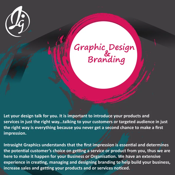 Let your design talk for you. It is important to introduce your products and services in just the right way...talking to your customers or targeted audience in just the right way is everything because you never get a second chance to make a first impression.

Intrasight Graphics understands that the first impression is essential and determines the potential customer’s choice on getting a service or product from you, thus we are here to make it happen for your Business or Organisation. We have an extensive experience in creating, managing and designing branding to help build your business, increase sales and getting your products and or services noticed.

Talk to us today!

Office 413, 4th Floor, Executive Chambers, Cnr George Silundika Avenue & 1st Street, Harare, Zimbabwe
 263735645077
design@intrasightgraphics.com

#intrasightgraphics
#creatinganimagethatlingers
#designdiarieszw
#graphicdesign 
#branding
#firstimpression