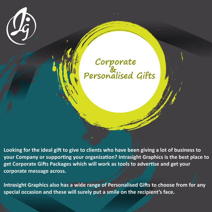 Looking for the ideal gift to give to clients who have been giving a lot of business to your Company or supporting your organisation? Intrasight Graphics is the best place to get Corporate Gifts Packages which will work as tools to advertise and get your corporate message across.

Intrasight Graphics also has a wide range of Personalised Gifts to choose from for any special occasion and these will surely put a smile on the recipient’s face. 

Visit Us:

Office 413, 4th Floor, Executive Chambers, Cnr George Silundika Avenue & 1st Street, Harare, Zimbabwe
 263735645077
design@intrasightgraphics.com

#intrasightgraphics
#creatinganimagethatlingers
#designdiarieszw
#corporategifts
#personalisedgifts 
#design