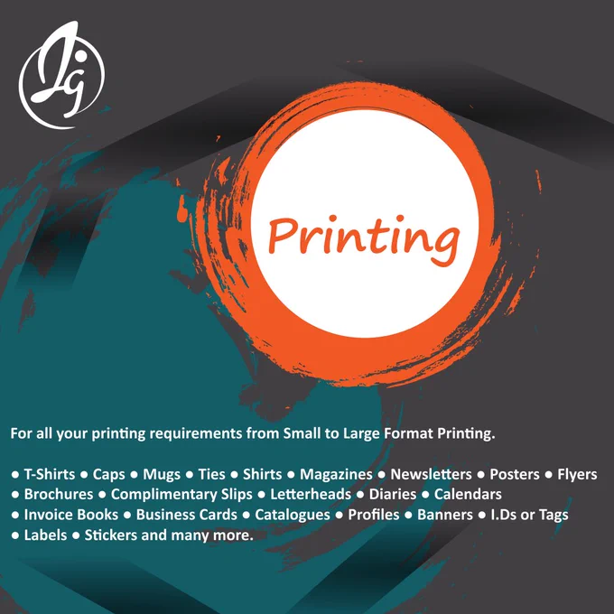 For all your printing requirements from Small to Large Format Printing.

● T-Shirts ● Caps ● Mugs ● Ties ● Shirts ● Magazines ● Newsletters ● Posters ● Flyers 
● Brochures ● Complimentary Slips ● Letterheads ● Diaries ● Calendars ● Invoice Books ● Business Cards ● Catalogues ● Profiles ● Banners ● I.Ds or Tags ● Labels 
● Stickers and many more.

Inquire Today!

Office 413, 4th Floor, Executive Chambers, Cnr George Silundika Avenue & 1st Street, Harare, Zimbabwe
 263735645077
design@intrasightgraphics.com

#intrasightgraphics
#creatinganimagethatlingers
#designdiarieszw
#printing
#printmedia
#smallformat
#largeformat