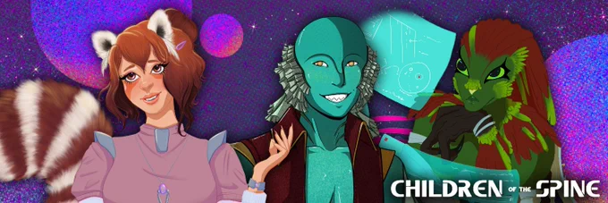 Halfwits & Failed Crits, Children of the Spine Banner featuring from left to right: Astrid (A Red Panda Khetling), Mohan (A green and frilled fishaman Tijari), and Kamala (a green and read feathered tree/bird Su'Degh). On a purple, pink, and blue background of planets and stars.
